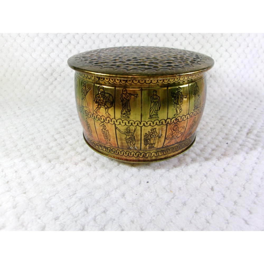 Fricke & Nacke Tin Canister Brass Tone Vintage Greek Roman Figures